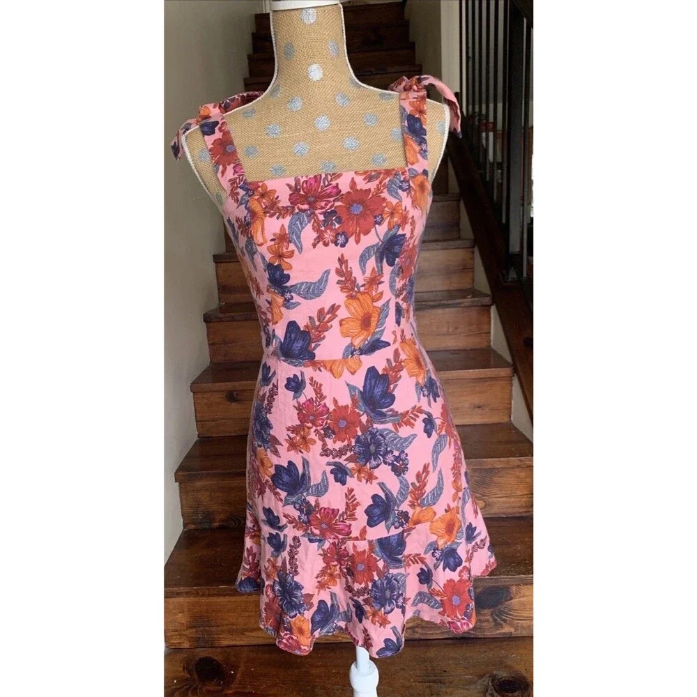 Finders Keepers Floral Twee Mini Dress Pink Linen Blend Square Neck Small Summer - Picture 3 of 16
